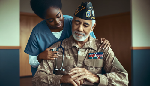 a caregiver working in Angels Instead's inhome care for veterans attending to the needs of an African American veteran