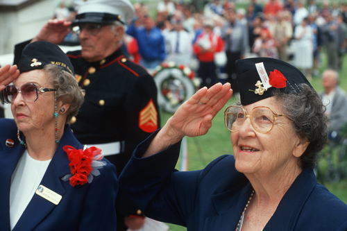 elderly women veterans saluting the flag during celebration of veterans' day