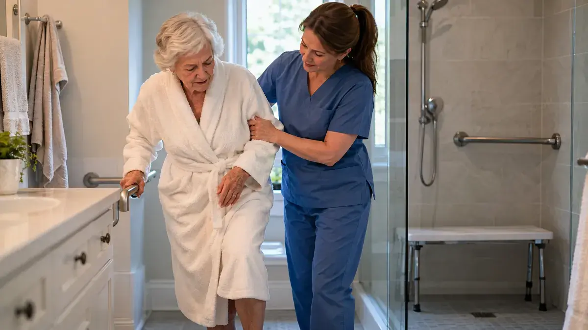 Caregiver assisting a senior woman in a bright bathroom