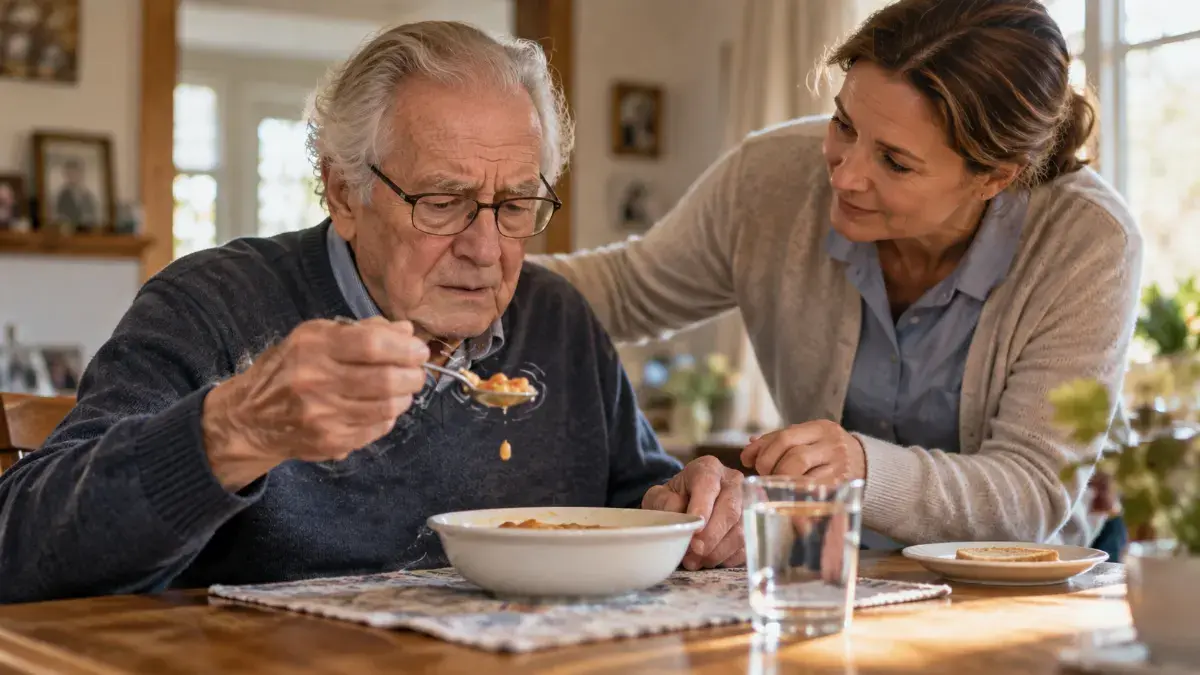 Caregiver helping a senior man at mealtime