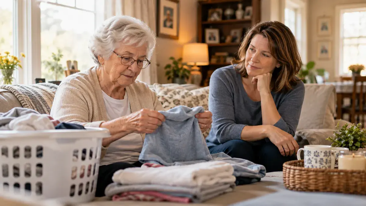 Angels Instead caregiver folding laundry with a senior woman in her living room