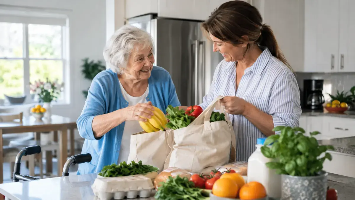 Caregiver unpacking groceries with a senior woman